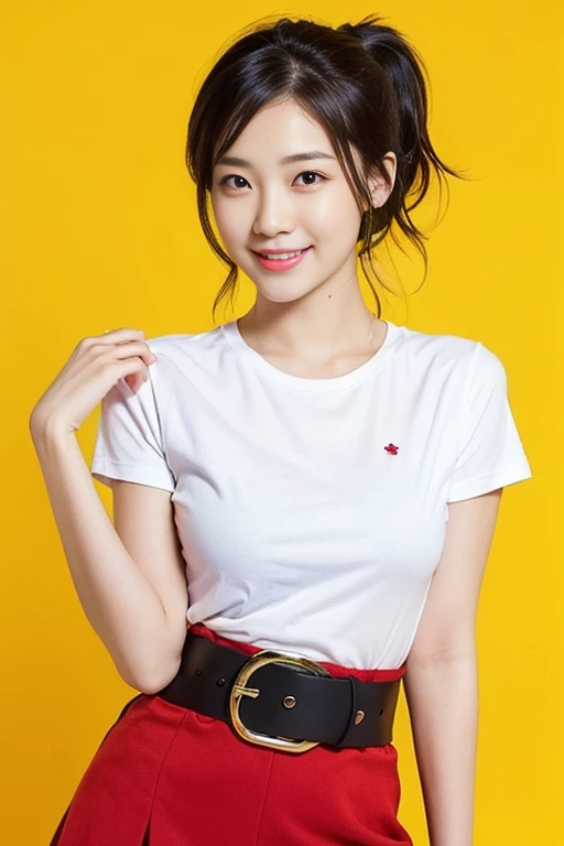 1girl in, ((of the highest quality, 8K, masutepiece: 1.3)), Japanese cool beauty, empty blue background: 1.8, White blouse and skirt, Smile, Jumping