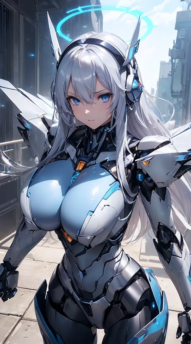 ((Intense action pose:1.6))、((Shining lenses on both breasts:1.3))、((Blue pillars of light are emanating from both chests.:1.3))、smile、((8k)), ((32k)), ((highest quality)), ((masterpiece)), ((超A high resolution)), ((Tmasterpiece)), ((halo:1.4))、((Mechaニカルheadgear:1.2))、((Cyber headphones:1.3))、Fine skin, High quality fabric, Fine metal texture、((Beautiful and dense face))、RAW Photos、Professional, Ultra-fine painting, ((alone)), Beautiful breasts、highest quality, Very detailed, Very detailed詳細, Finer details, so beautiful, ((Princess Knight Robot:1.2)), (Joints of machines, Mechanical Limbs:1.3), (The internal structure of the machine is exposed:1.3), (Long silver hair:1.1), (Beautiful and huge mechanical breasts)、White Veil, cowboy_shot, Side Focus, headgear, Shiny、(Five Fingers, Four fingers and thumb),Concept Art, Anime fantasy artwork, Detailed fantasy art, (with pale blue-violet hair and large white wings,,,,,,,), (((Long silver hair))), (Mecha:1.6)、Sleek and intimidating design, ((Commander-in-Chief'arm)), (Perfect robot body)、純白と青紫armまたは, Symmetrical wings, 8K high quality, detailed art, 3D rendering of character art in 8K, neat legs, Defined, Defined fingers,