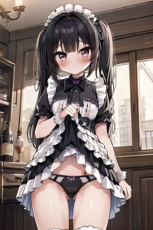 ((highest quality)), ((masterpiece)), (detailed), Perfect Face, anime, Ultra-fine illustration,((1 person)), ((Cute girl)), Black hair twin tails, Gothic Lolita, gothic lolita outfit, Long skirt, Long dress, Skirt flip, Pull up your skirt, (Showing off frilly :1.2), Are standing, blush, Embarrassed expression, Full Body Shot, maid Cafe, indoor,