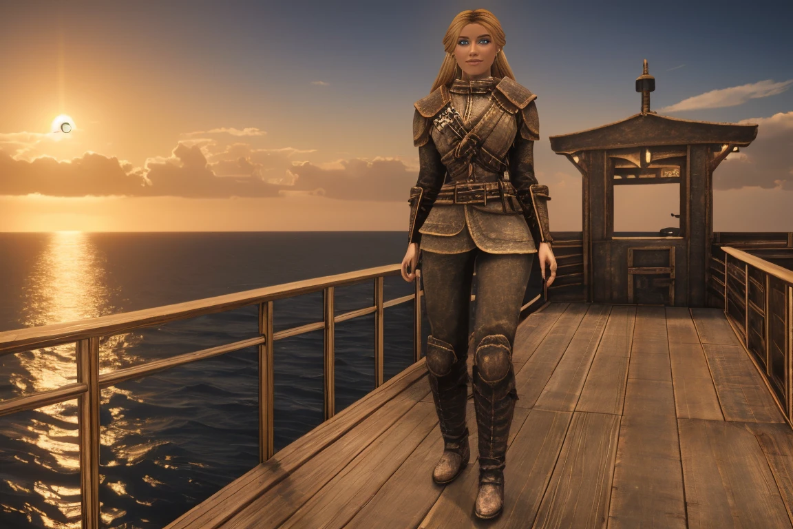 A stunning female Breton maiden stands poised on the weathered deck of a majestic ship at sunset in Skyrim. Her porcelain skin glows softly, illuminated by the warm rays of the rising sun. Delicate features and raven tresses frame her enigmatic smile as she gazes out to sea, the wind gently tousling her locks, (((wearing short natural leather skirt and high boots))), blonde hair