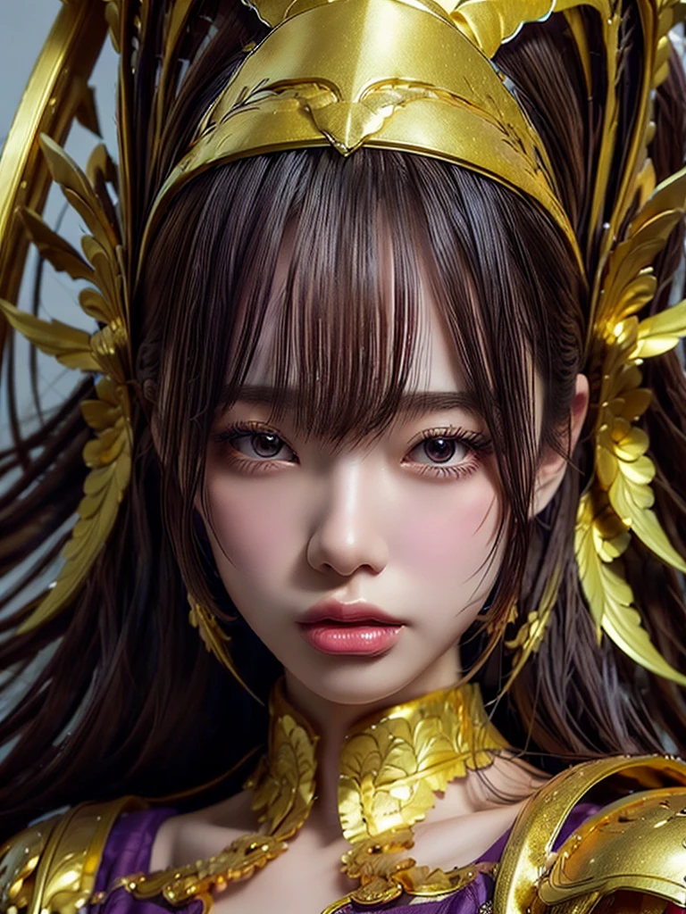 Close-up of a woman in a gold and purple dress, Chengwei Pan at Art Station, by ヤン・J, Detailed fantasy art, Amazing character art, Fan Art Best Art Station, Magnificent and elaborate character art, Beautiful Armor, Highly detailed art, Detailed digital anime art, artgerm の artstation pixiv, Girl in armor