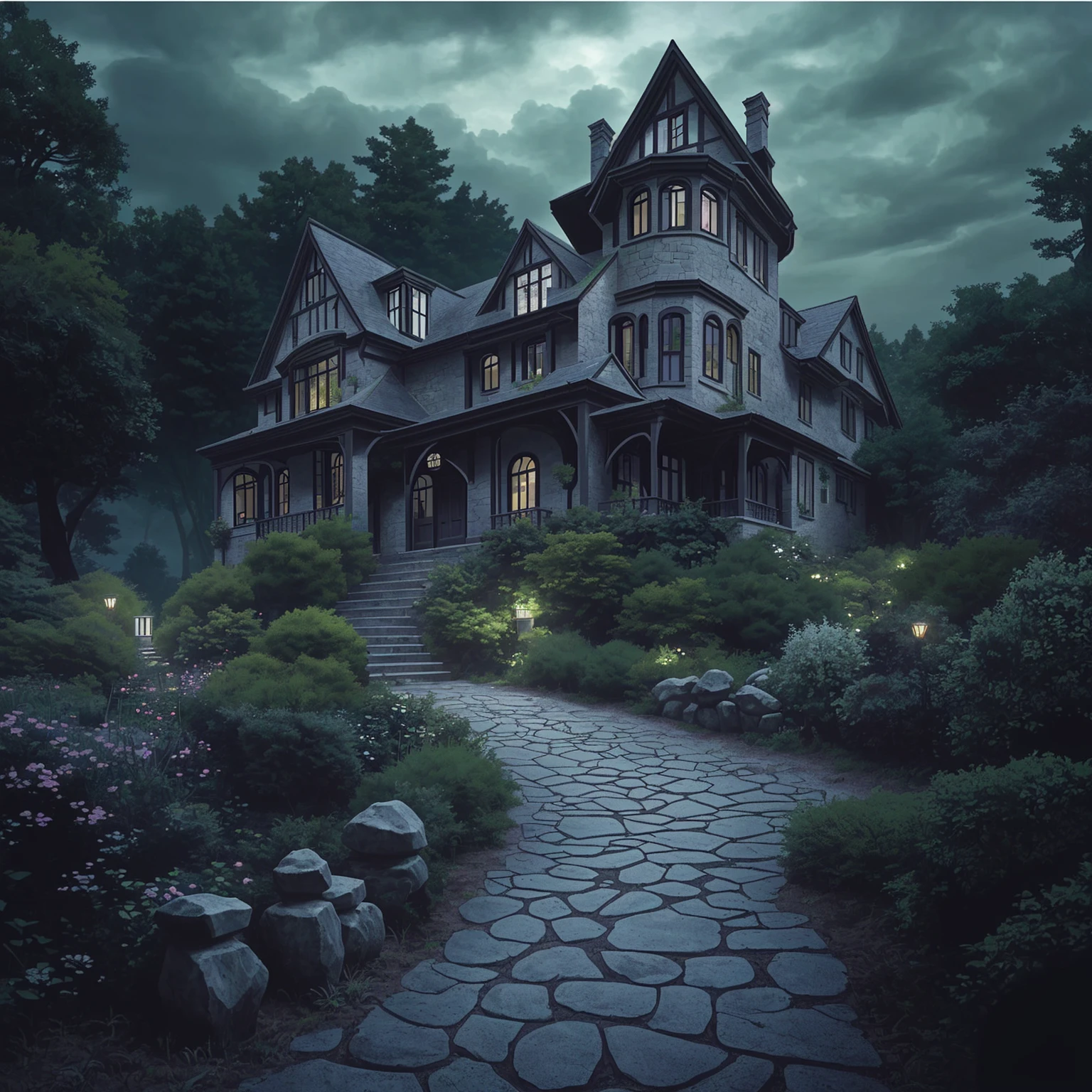 Dark windows with no light, a Romanesque Revival mansion accessed by a winding stone path surrounded by an English garden. There is a dense forest behind the house. There is a dark cloud above the house, which portends a downpour. The lights in the windows are off