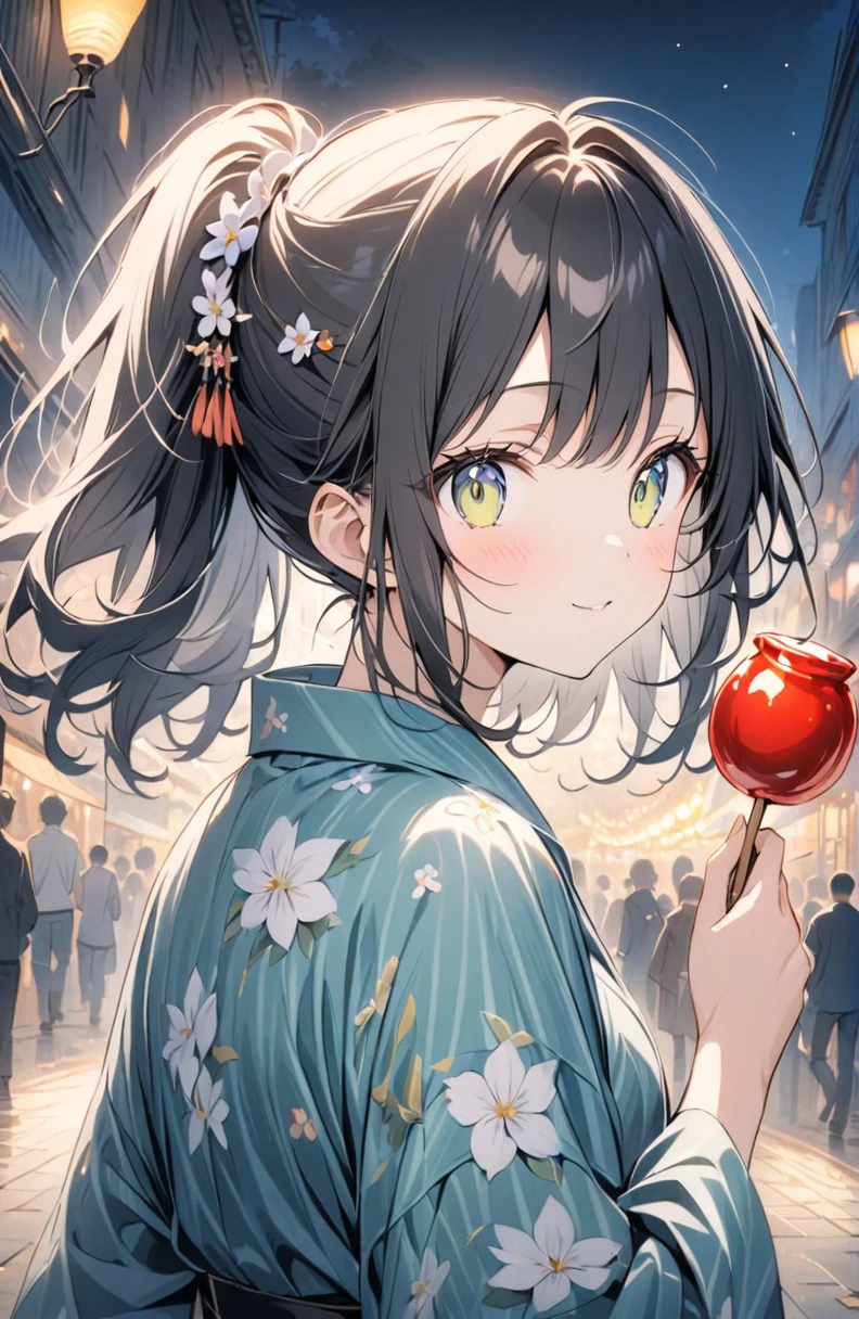 (masterpiece:1.2),(anime),、girl、cute、Black Hair、ponytail、hair ornaments、Girl wearing yukata、((Holding a candy apple in her hand)),Night stalls、Festivals、summer night、Light production、Beautiful artwork、Detailed drawing、A Scene of Youth、Fisheye Lens、Close-up,Pale colors