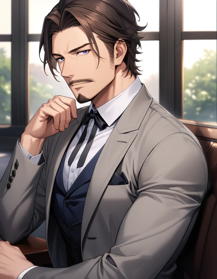 1man, mature male, parted bangs, medium-short hair, brown hair, muscular male celeb, short goatee, short mustache, indigo eyes, gentleman, elegant netori male, BREAK solo, white collared shirt, gray trench coat, black neck ribbon, in gentle sasaki style, visual novel, 2010s, extreme all detailed, masterpiece, best quality