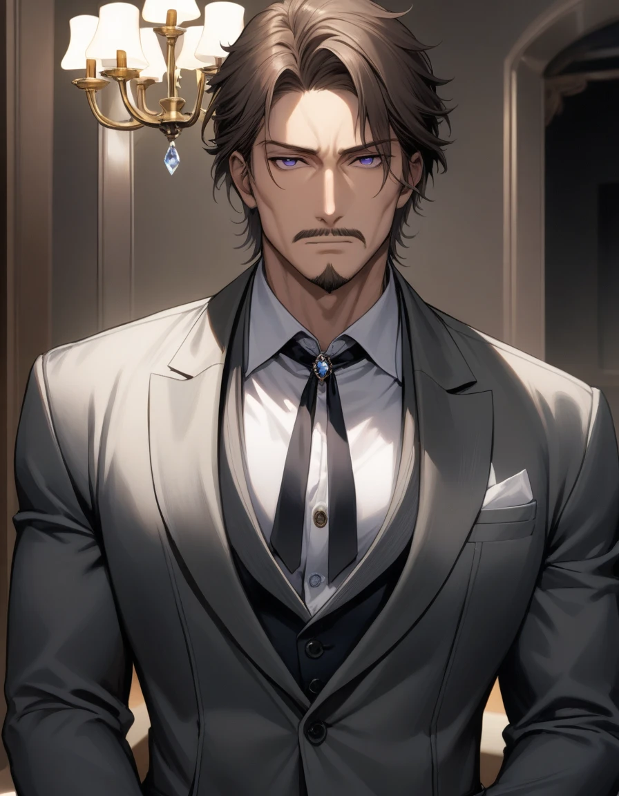 1man, mature male, parted bangs, medium-short hair, brown hair, muscular male celeb, short goatee, short mustache, indigo eyes, gentleman, elegant netori male, BREAK solo, white collared shirt, gray trench coat, black neck ribbon, in gentle sasaki style, visual novel, 2010s, extreme all detailed, masterpiece, best quality