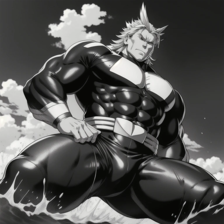 best quality, high resolution, manga, monochrome, line, allmight, black bodysuit, hunk, wet clothes, from below, open legs, arms folded,