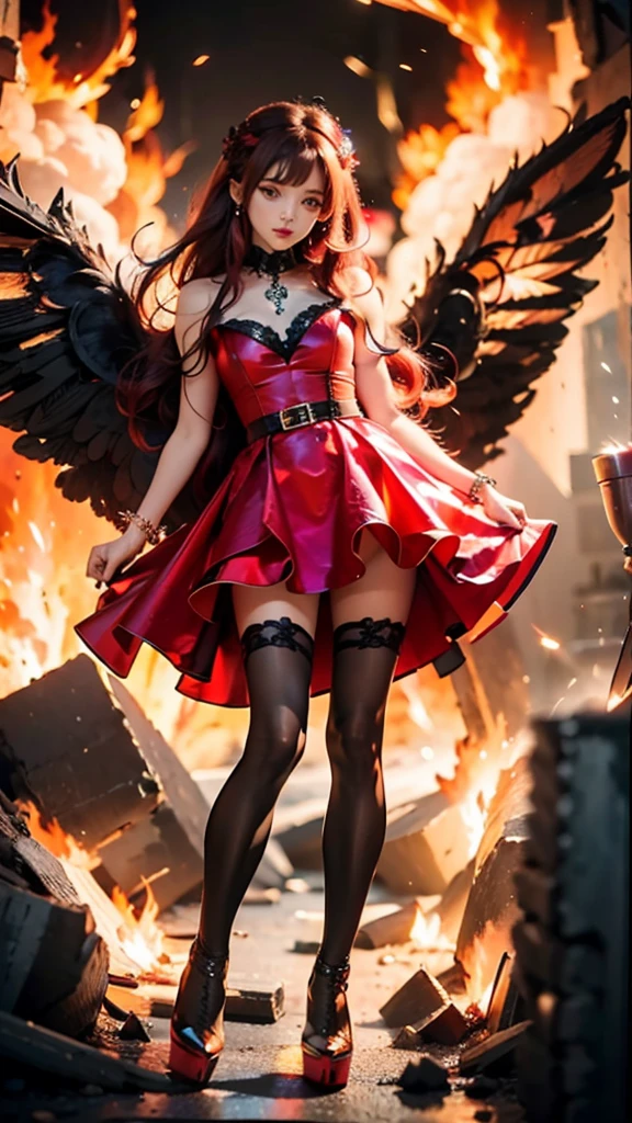 1girl, fire, wings, solo, dress, red_dress, high_heels, boots, embers, thighhighs, full_body, long_hair, black_hair, red_hair, jewelry, looking_at_viewer