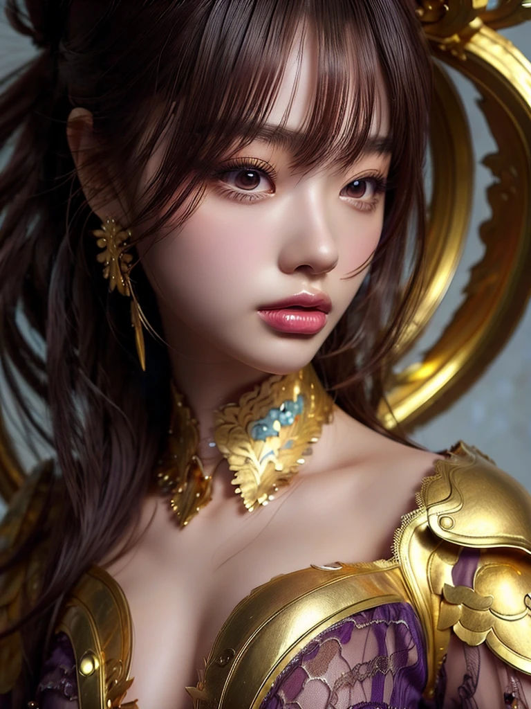 Close-up of a woman in a gold and purple dress, Chengwei Pan at Art Station, by ヤン・J, Detailed fantasy art, Amazing character art, Fan Art Best Art Station, Magnificent and elaborate character art, Beautiful Armor, Highly detailed art, Detailed digital anime art, artgerm の artstation pixiv, Girl in armor