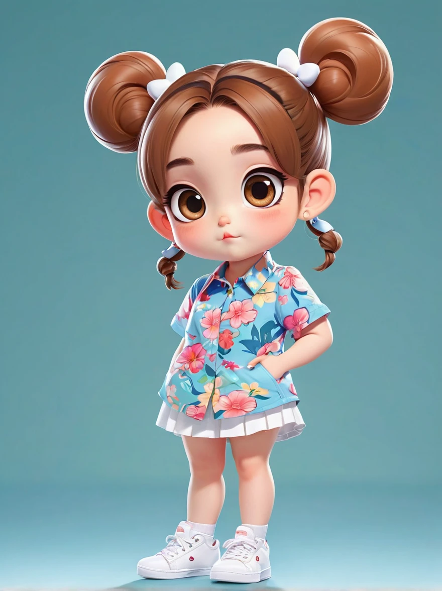 (masterpiece, highest quality:1.2), Cartoon style character design。1 girl, alone,Big eyes,Cute expression,Two buns hair,Floral Shirt,Work clothes,White sneakers,stand,interesting,interesting,Clean Lines,Solid color background,Background color is accurate#FFFFFF Color,A cute little kitten