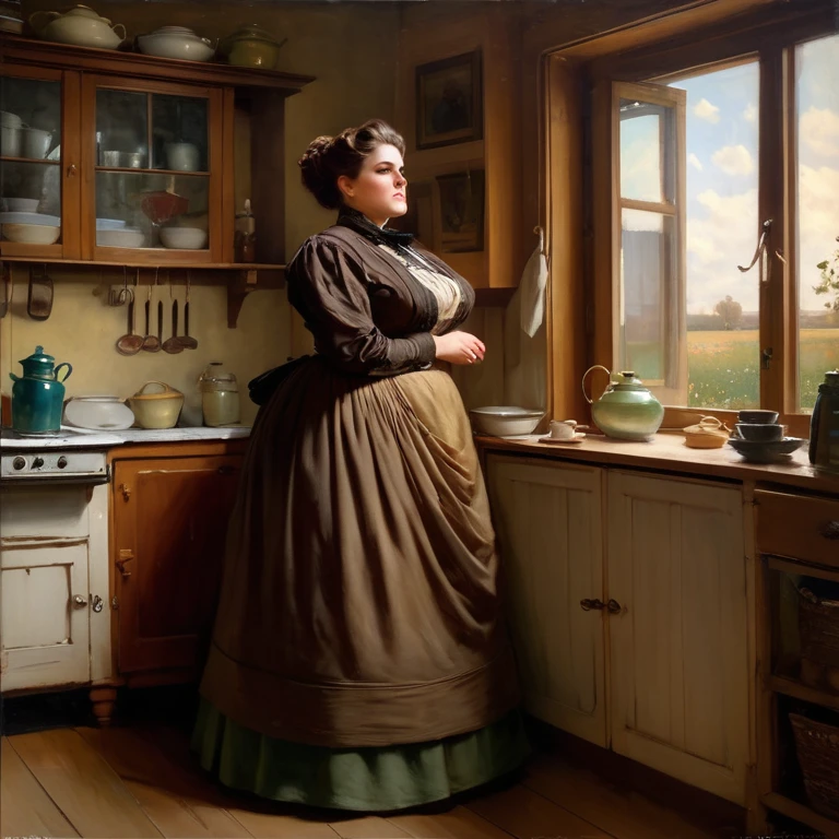 Full body shot of A voluptuous buxom pretty 1880 western frontier farmwife widow standing in front of a window in her kitchen, updo hairstyle , brown hair, by Jean Béraud, inspired by Jean Béraud, inspired by Édouard Detaille, edouard leon cortes, inspired by Ivan Kramskoi, inspired by Jean-Louis-Ernest Meissonier, by Édouard Detaille, inspired by Paul Émile Chabas