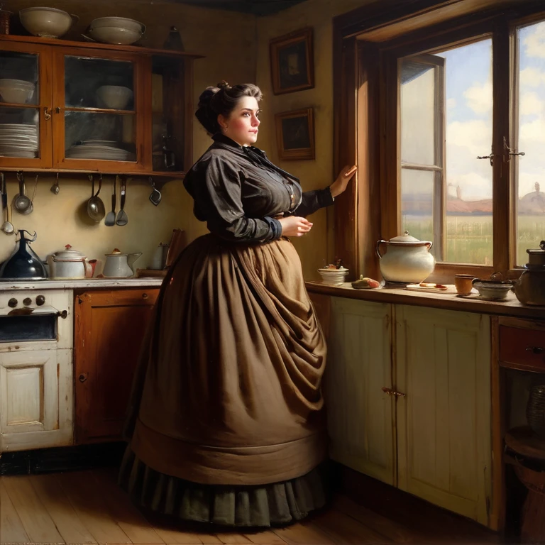 Full body shot of A voluptuous buxom pretty 1880 western frontier farmwife widow standing in front of a window in her kitchen, updo hairstyle , brown hair, by Jean Béraud, inspired by Jean Béraud, inspired by Édouard Detaille, edouard leon cortes, inspired by Ivan Kramskoi, inspired by Jean-Louis-Ernest Meissonier, by Édouard Detaille, inspired by Paul Émile Chabas
