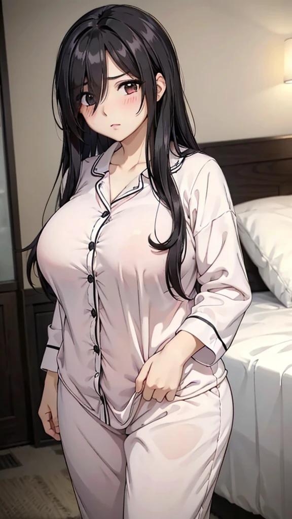 1girl,perfect ,black hair, long hair, (hair over one eye:1.4), messy hair, hair between eyes, plump, chubby,fat, saggy breast, cute motif pajama, cute shy blush on , bedroom 