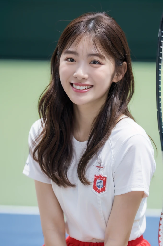 (8K, Best Quality, Masterpiece: 1.2), (Realistic, Photorealistic: 1.37), Super Detail, 1 Girl, 20 years old, Big, Beauty, Cute, Smile, Solo, Tennis Wear, Mini Skirt, Tennis Court, Racket, Tennis Ball, (Redness of the Nose), (Smile: 1.15), (Mouth Closed), Beautiful Eyes, (Long Hair: 1.2), Floating Hair Novafrog style, upper body