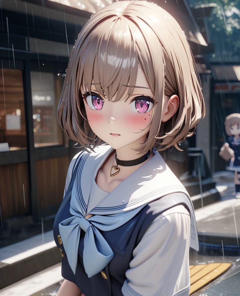 Masterpiece, highest quality, highly detailed, high resolution, expensive solution, high resolution, 4k, 8k, Unity 8k wallpaper, highly detailed CG, masterpiece, 2d, 3d, beautiful details, depth, fine texture, highest quality: 1.3, total concentration, transparent skin, him, very cute anime girl, expensive brown short hair, one girl, high school sailor uniform, rain-soaked and see-through sailor uniform, sidewalk on the way home from school, heavy rain was falling and she was soaking wet. The sailor uniform was see-through, her hair was soaking wet, a little troubled face, whole body, sidewalk on the way home from school, heavy rain, mole under the eye, gaze, expensive, blush, parted lips, heart, pink eyes, choker