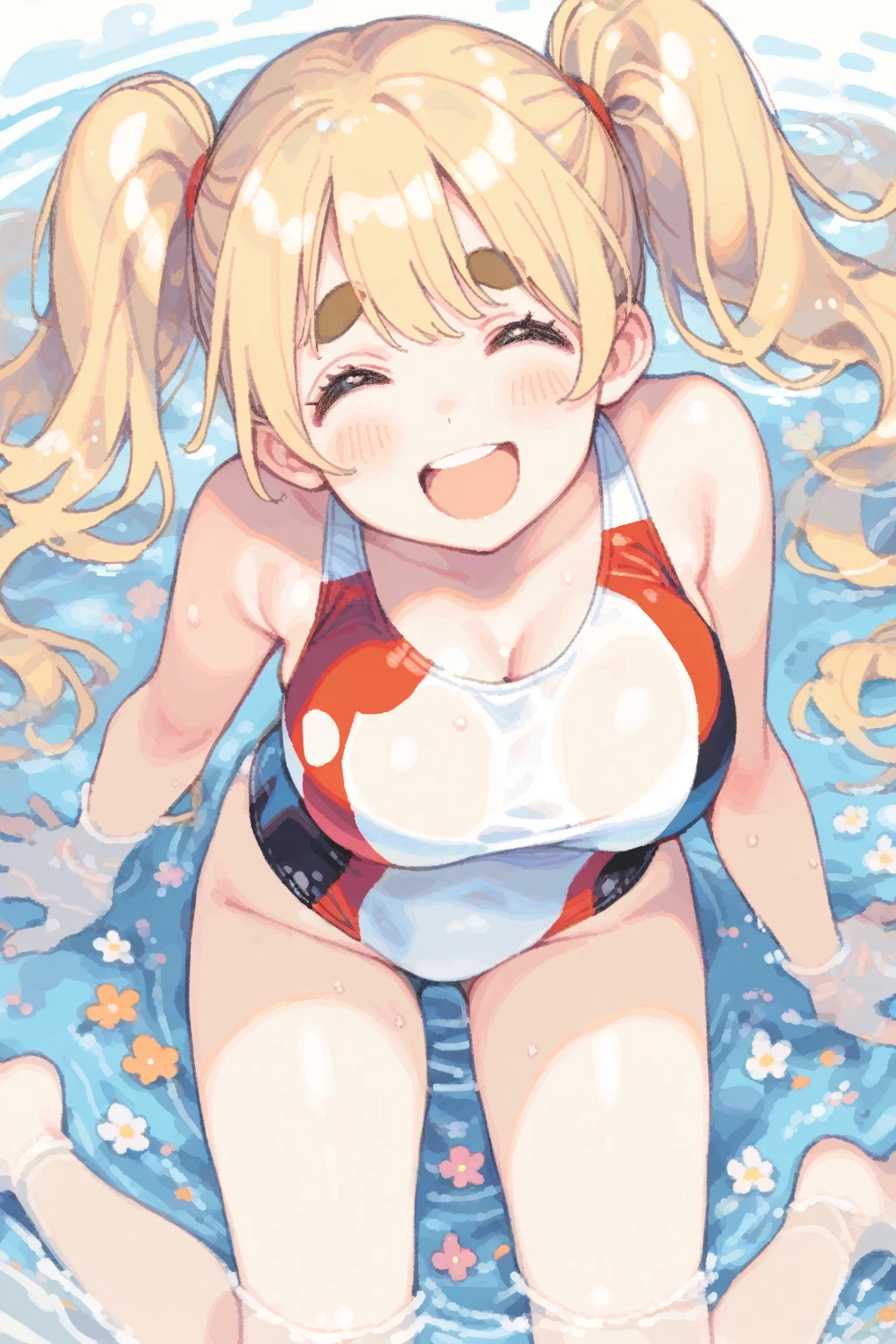 1girl, japan Flag One-piece swimsuit,
(thick eyebrows), tareme, big tits,
blonde hair, short twin tails, happy, tegaki,
in shallow pool