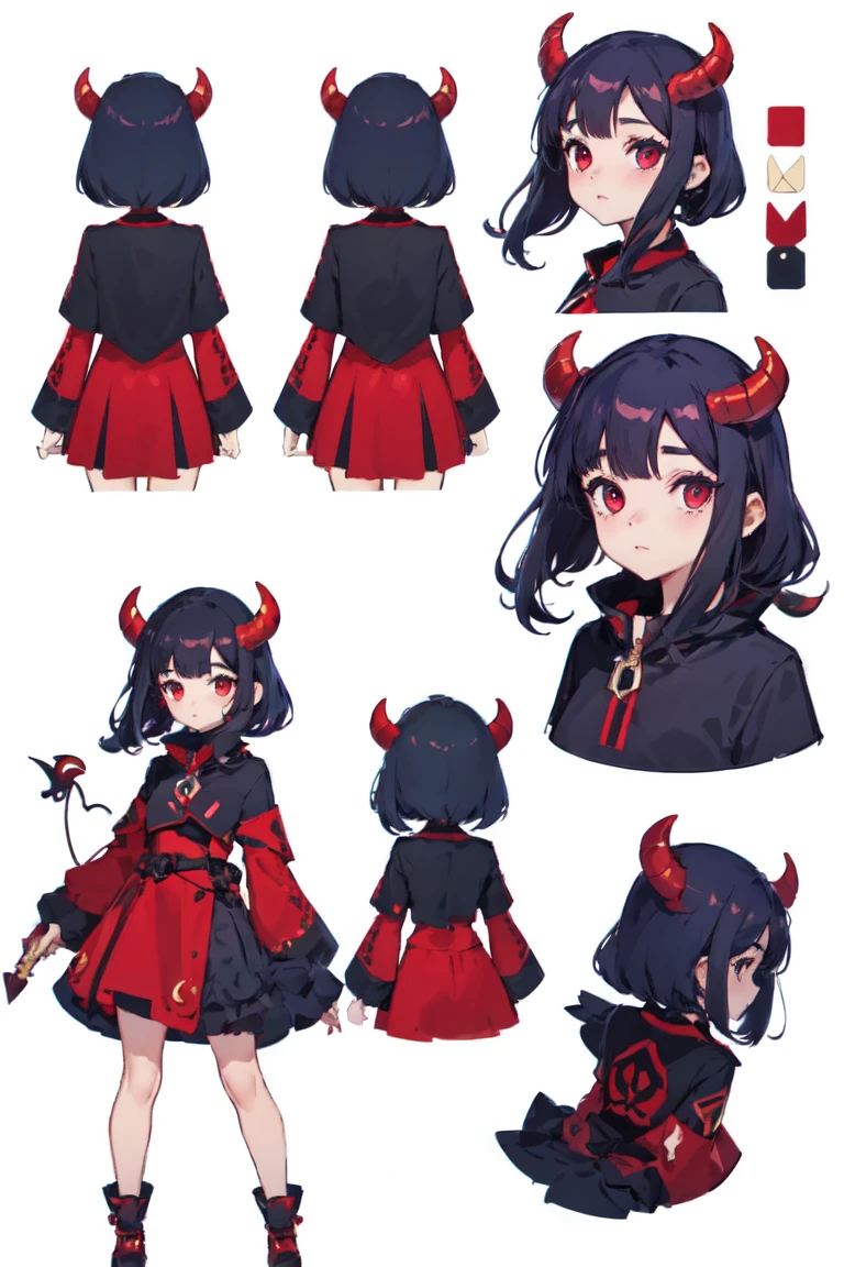 ,(Character Design Sheet, mismo personaje, Frente, side, back), ILLUSTRATION, chica demonio, cabello rubio, loli, ojos rojos, t