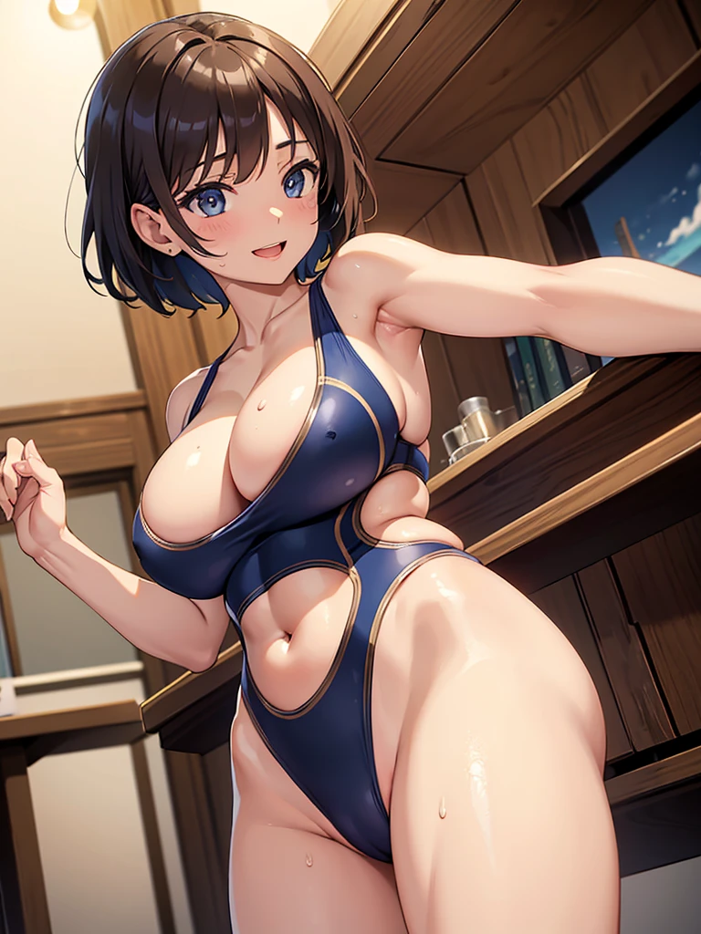 masterpiece, best quality, high definition images, atmospheric perspective, expressive eyes, perfect face, ultra detailed, solo, 1mature seductive woman in navy competition swimsuit , alluring pose, brown semi short hair, large breasts, calm smile, open mouth, sweaty, high legs, from below, in study room,