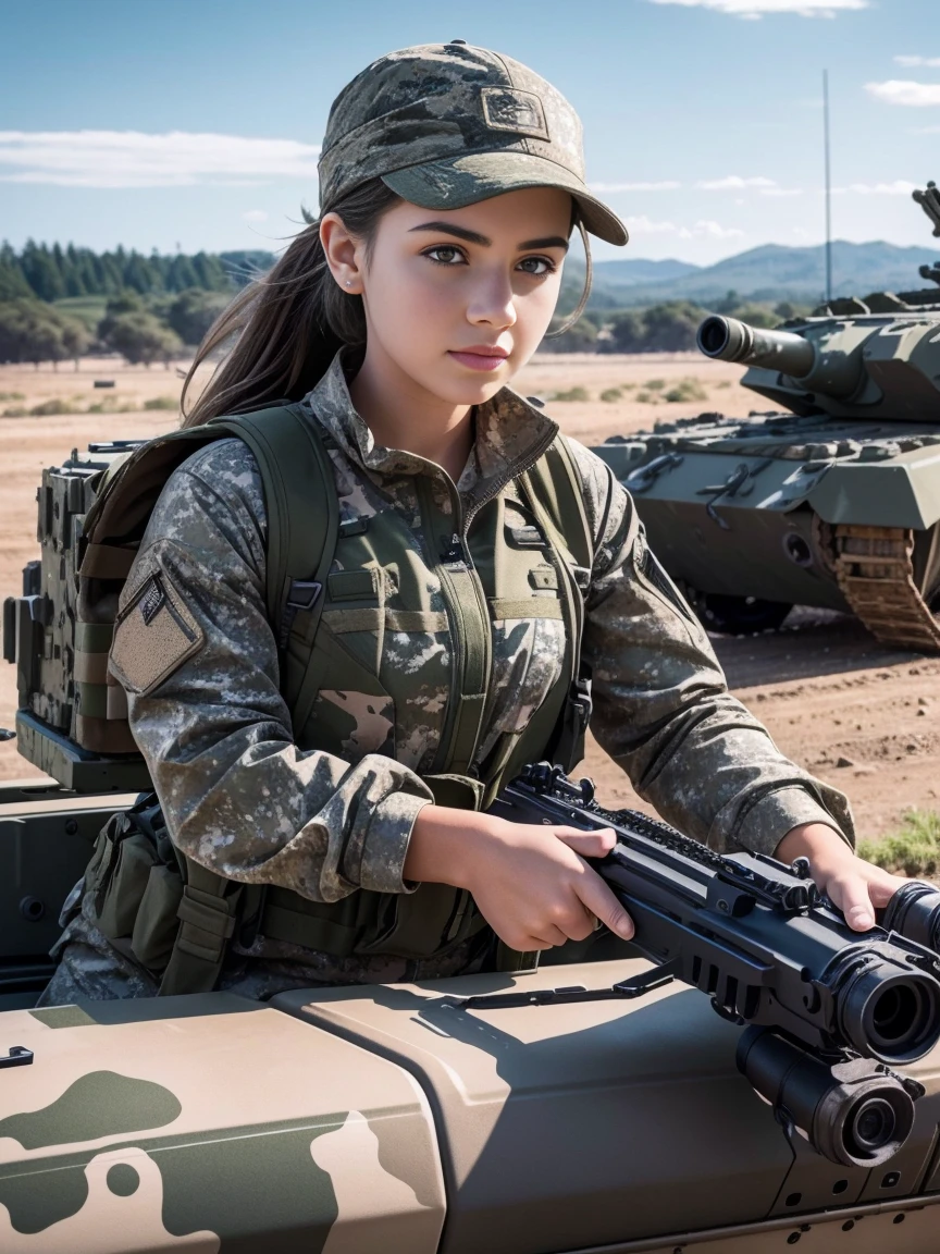 (extremely detailed 8K wallpaper), girl on a tank in camouflage clothes, difficult, high detail, dramatic
