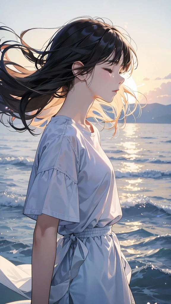 Woman profile、tears、White shirt、Casual clothing、Face only、Close ~ eyes、Hair blowing in the wind