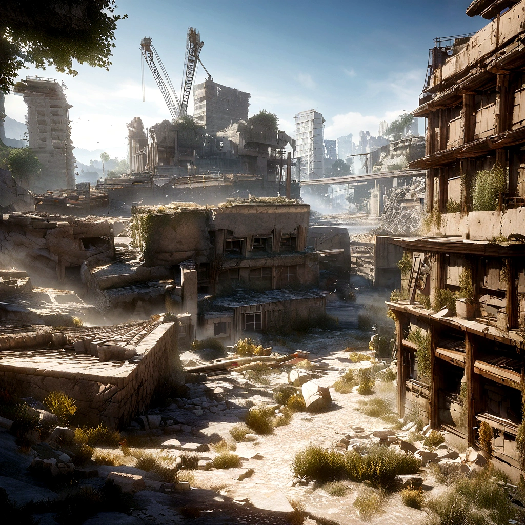 There are photos of construction sites，There are construction cranes, created in unreal engine 5, made in unreal engine 5, destroyed city in background, render in unreal engine 5, unreal engine 5 digital art, hyper-realistic environment, outdoors ruined cityscape, Unreal Engine 5 renderer, Unreal Engine 5 environment, dusty unreal engine, destroying a cityscape