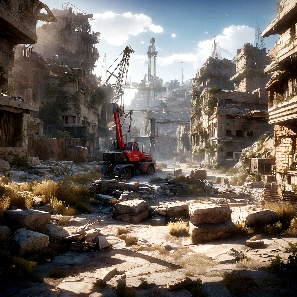 There are photos of construction sites，There are construction cranes, created in unreal engine 5, made in unreal engine 5, destroyed city in background, render in unreal engine 5, unreal engine 5 digital art, hyper-realistic environment, outdoors ruined cityscape, Unreal Engine 5 renderer, Unreal Engine 5 environment, dusty unreal engine, destroying a cityscape