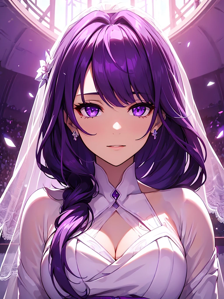 1women, as a bride, wearing white colour wedding dress, at a wedding ceremony, dark purple color medium length hair, purple colour eyes, 8k, high detailed, high quality
