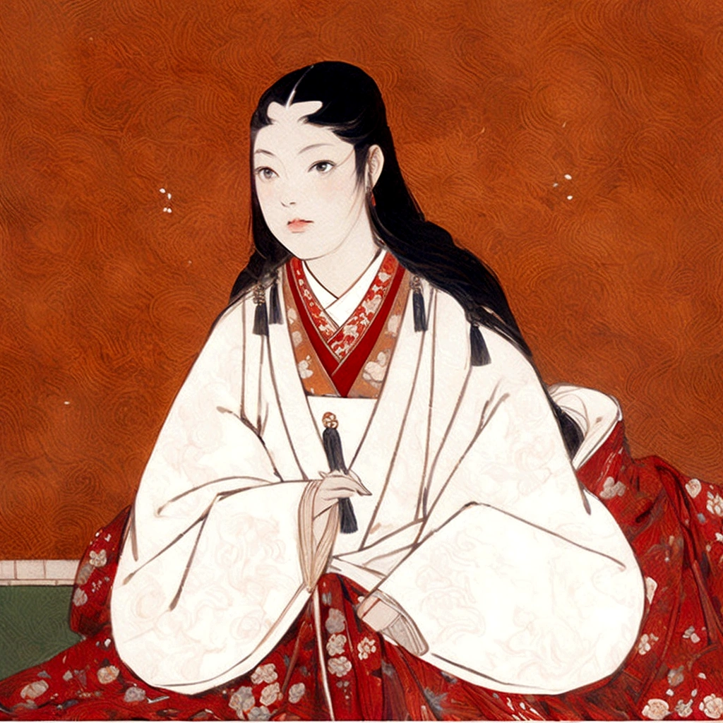 A painting of a woman sitting on a bed with a red blanket, by Kazumasa Miyagawa, by Shigenobu Yanagawa, by Takanobu Kano, by Kano Masanobu, by Flower Room One Long II, by Fujiwara Takanobu, by Sawa Sekkyō