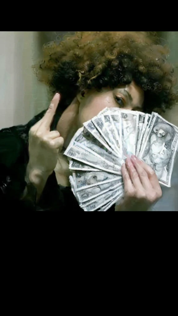 (best quality,4k,8k,highres,masterpiece:1.2),ultra-detailed,realistic,photorealistic:1.37, portrait, money fan covering her face, middle finger, curly afro