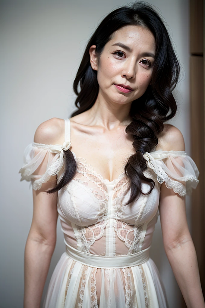 NSFW, ((highest quality)), ((8K)), ((masterpiece:1.3)), (be familiar with), perfect face, ((japanese woman)), (Married woman), ((47 years old)), (((Layering petticoat dress and underwear))), ((Silk petticoat dress)), (Transparent white pericoat dress:1.05), (white bra:1), (2 sets of shoulder straps), (Bunty), (wrinkles on the face:1.2), ((wrinkles at the corners of the eyes)), A slightly gloomy look, (lips slightly open), (Look diagonally forward to the left:1.3), (Long wavy hair), double upper eyelid, (whole body), standing posture, barefoot,