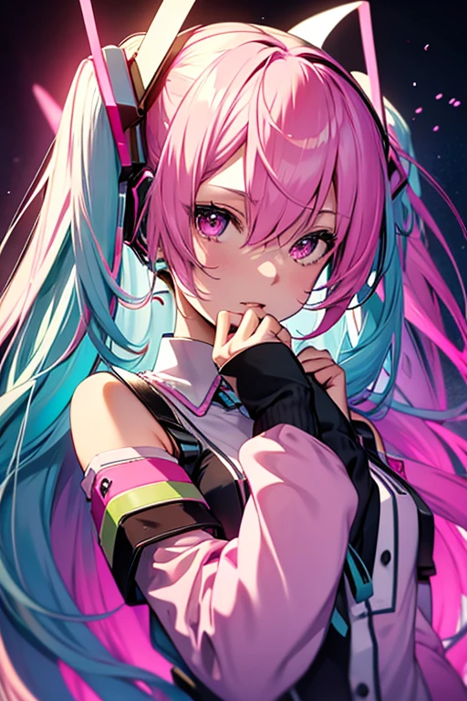 Hatsune Miku, Vocaloid, beautiful, Detailed face, Pink Hair, Pink Eyes, Pink Art, colorful, bright, whole body