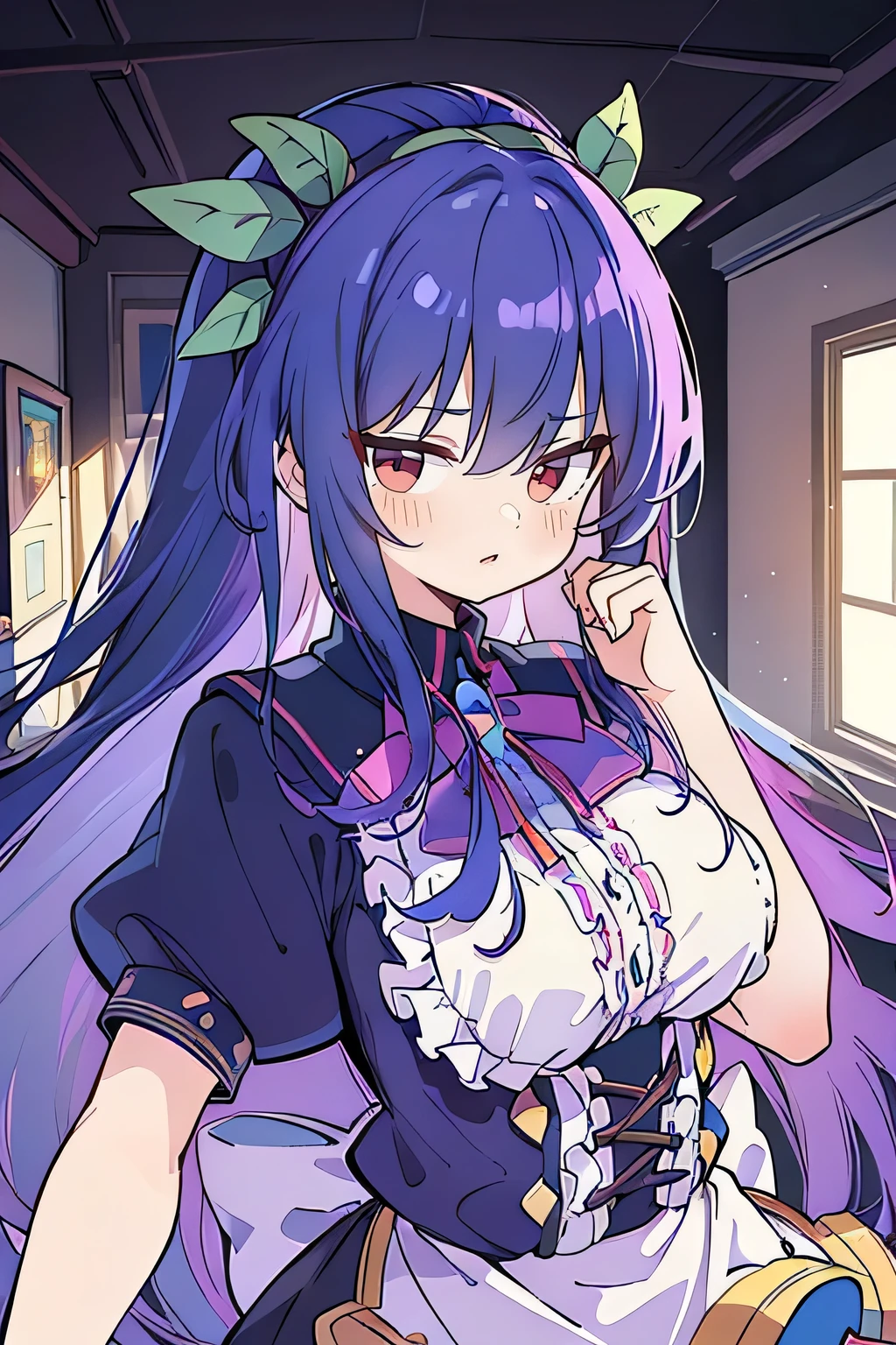 (Best Quality: 1.3), (Masterpiece: 1.3), (Illustration: 1.3), (Ultra Detailed: 1.3), (Imide Lens: 0.9), 1girl, Medium Breasts, Purple Eyes, ((Dark Blue Hair) ), hair accessories, young, clothing-gladiia, long hair, dark blue hair, indoors, black shorts, high socks, low ponytail, expressionless, upper body, close-up, coat, skirt,