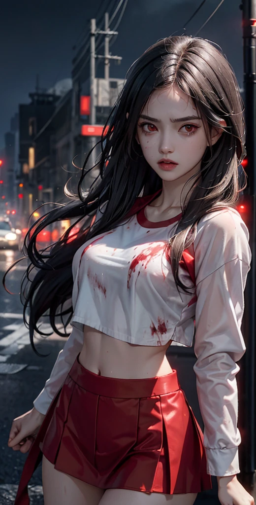 masterpiece, best quality, looking at viewer, facing viewer, bare legs, 1girl, solo, upper body, bow, serafuku, disgusted face, night time, heavy rain, outdoors, city, crop top, navel, wet clothes, drenched, overly long sleeves, hands in sleeves, blood tears, blood marks, dark alleyway, blood splattered on the ground, red bright light, glowing eyes, depth of field,holding a knife,red sky, atmofer,perfect hands