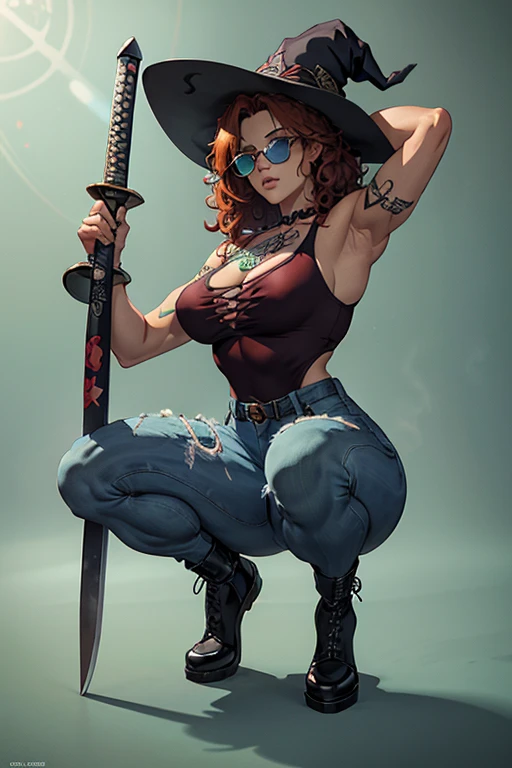 Red Head Girl with curly hair and tattoos of roses in shoulders and forearms,(((Full Body))) wearing blue top and jeans, (((squatting))), sunglasses, carrying a katana. ((Sexy legs)) She has one eye of each color: Green on The light, blue on The left. Witch/Celtic wearstyle, in Brazil. The scene should be in Cinematic's distinctive real life style, focusing on the characters' expressions, colors naturals and detailed textures characteristic of the animations.
