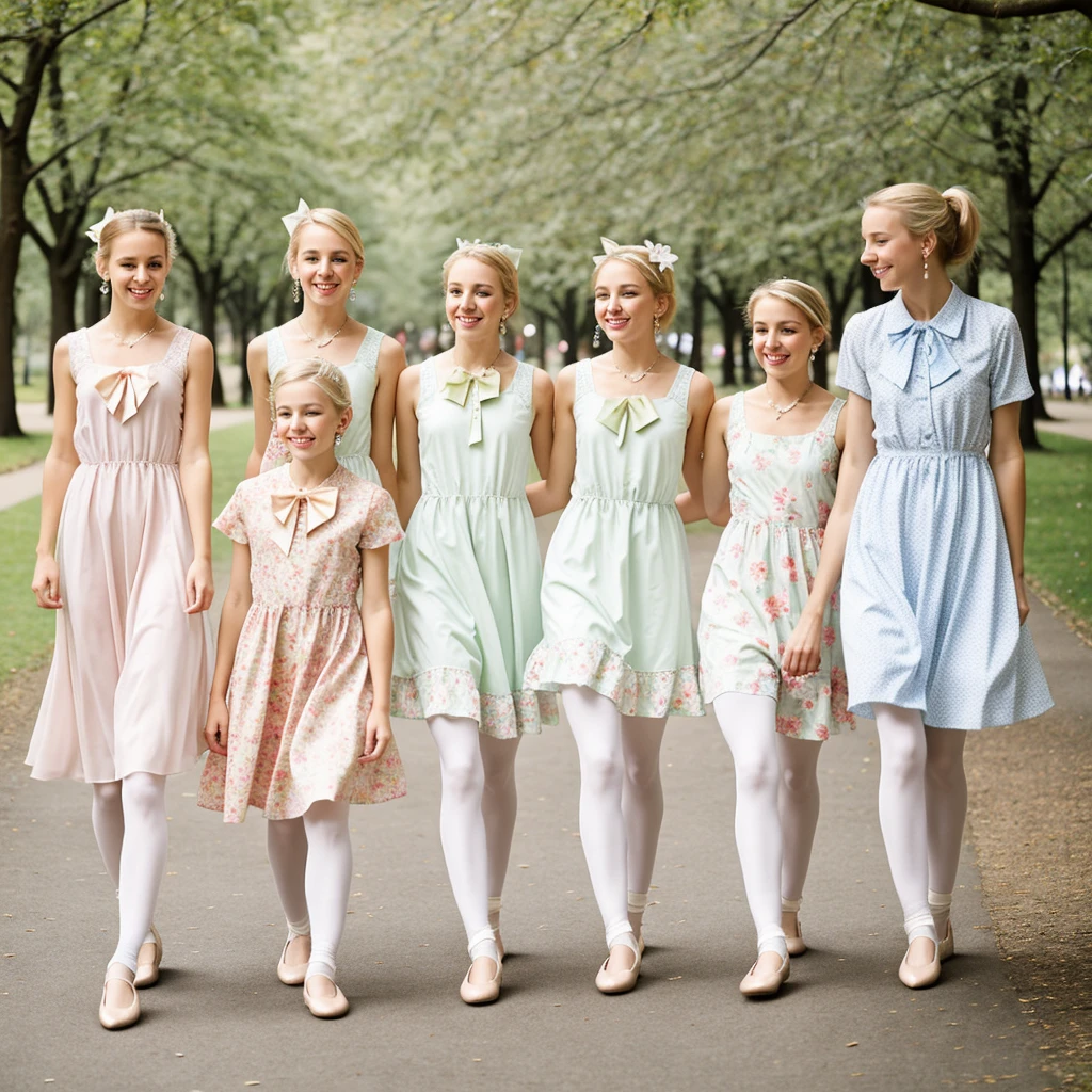 Four Various Age Boys In Colorful Kneelenght Dresses With FLOWERY Patterns, White Pantyhose And Ballet Flats, His Blond Hairs Tied In Twin High Ponytails By Pretty Hair bows. They Have B Size Chest. They Ears Pierced By Pretty Earrings. They Walk Through the Park.