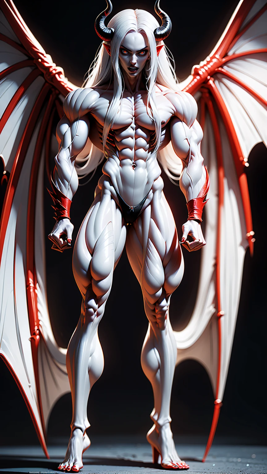 (megan fox), ((((((1 muscular demon girl)))))), (((huge upper body))), long hair, ((((huge demon wings))), (((pale skin))), (((sharp teeth, Huge horns, large nails))), navel, ((((full body front view)))), (((perfect hands, perfect fingers))), (((black empty background)))