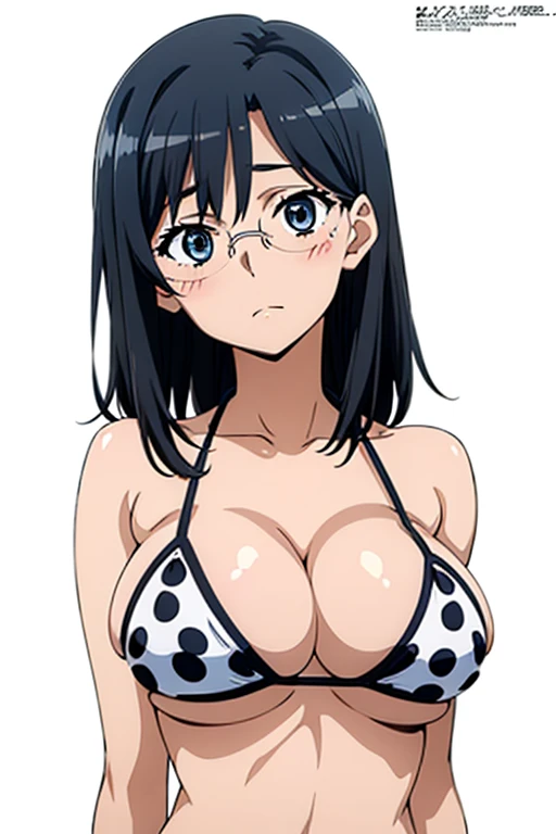 (anime cels style, megami magazine, poster  style, best quality, high resolution, sharp image, 8k, photorealistic), (beautiful eyes, beautiful face), Konori Mii, glasses, (black medium hair), blush, (huge breasts), polka dot bikini, (upper body, standing), simple background, (perfect detailed anatomy, perfect detailed body, perfect arms, perfect fingers, shiny skin)