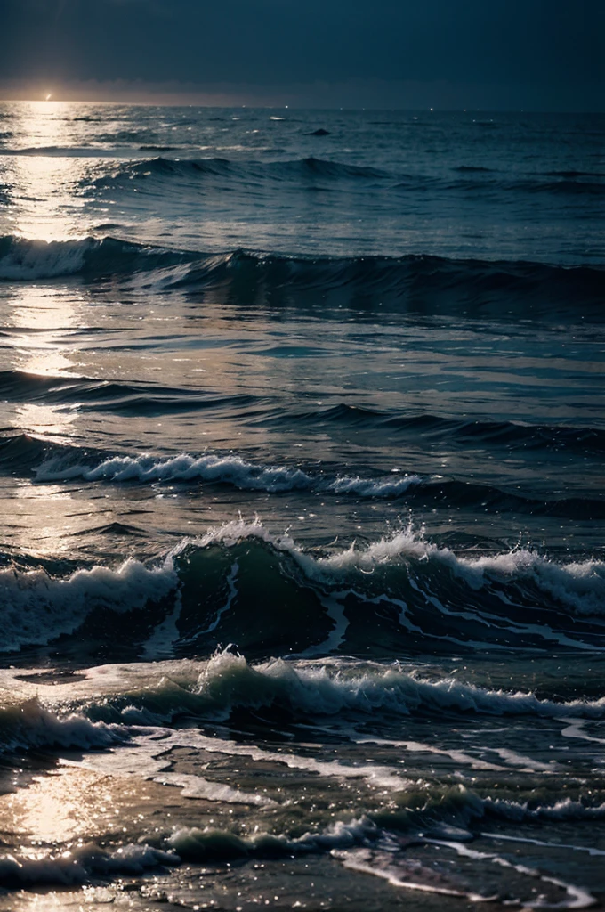 sea waves softly at night, and it has light reflection on it