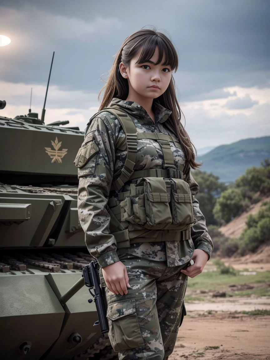 (extremely detailed 8K wallpaper), a girl stands near a tank in camouflage clothes, difficult, high detail, dramatic