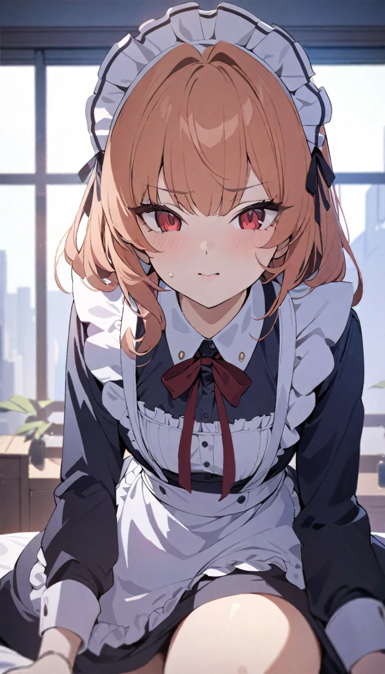 (best quality,4k,8K,High resolution,masterpiece:1.2),Extremely detailed, (1 Girl) Cute girl with red eyes, bodyguard maid, Drawn in anime style, Ginger&#39;s spiky hair tied into a long ponytail, Victorian fashion, Wearing a cute black puff-sleeved maid outfit, Corset, Tactical equipment, Light Armor, petticoat, sweet pants, Ruffled headband, Ruffled white apron, high-heel boots, ribbon, gun holster, Steampunk style, Girly smile, Female elegant posture, Waiting in the castle corridor, Extremely detailed eyes and face,Long eyelashes,Volumetric Lighting,movie lighting,Protective posture,Highly detailed textures,Intricate details.