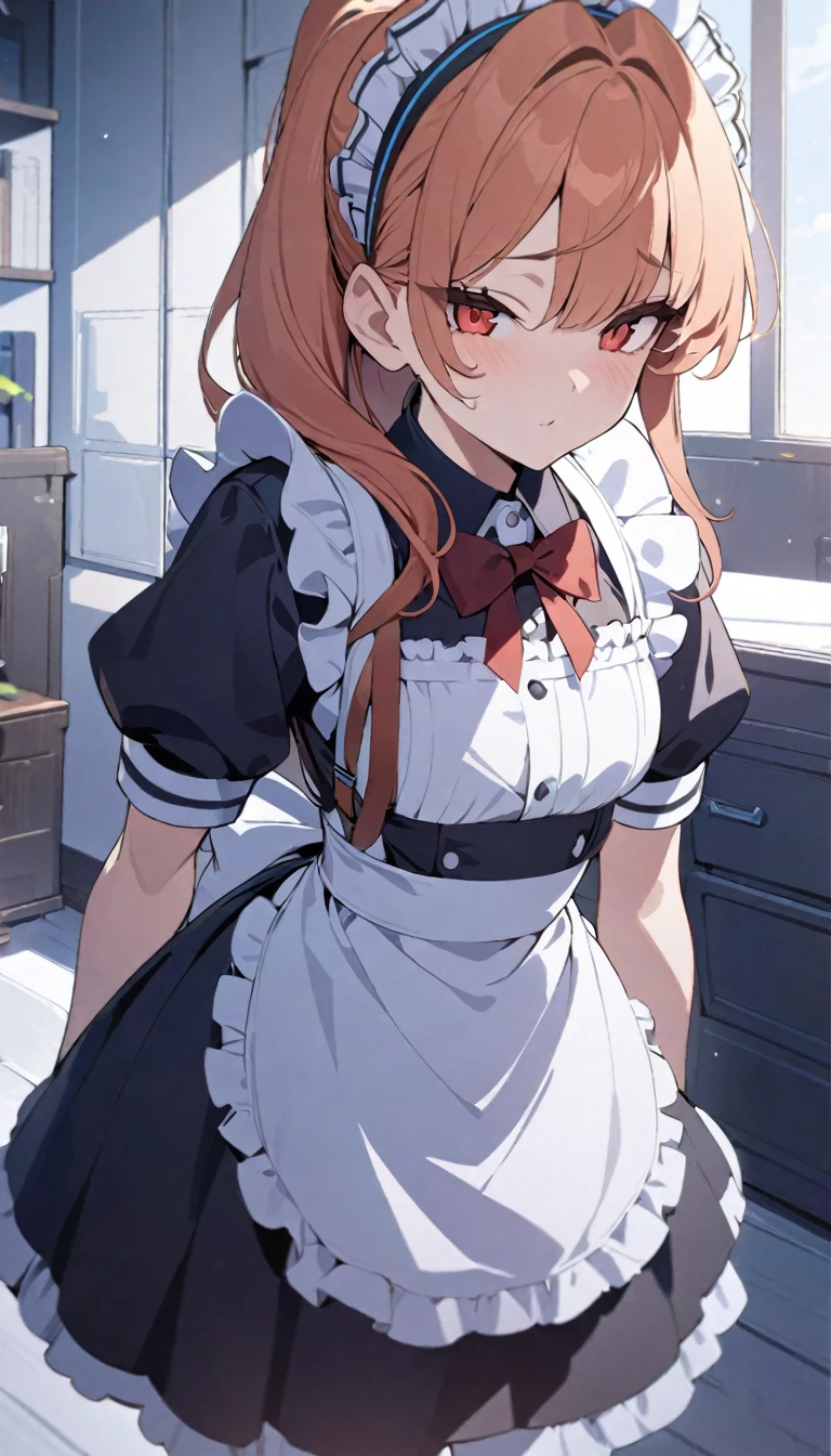 (best quality,4k,8K,High resolution,masterpiece:1.2),Extremely detailed, (1 Girl) Cute girl with red eyes, bodyguard maid, Drawn in anime style, Ginger's spiky hair tied into a long ponytail, Victorian fashion, Wearing a cute black puff-sleeved maid outfit, Corset, Tactical equipment, Light Armor, petticoat, sweet pants, Ruffled headband, Ruffled white apron, high-heel boots, ribbon, gun holster, Steampunk style, Girly smile, Female elegant posture, Waiting in the castle corridor, Extremely detailed eyes and face,Long eyelashes,Volumetric Lighting,movie lighting,Protective posture,Highly detailed textures,Intricate details.