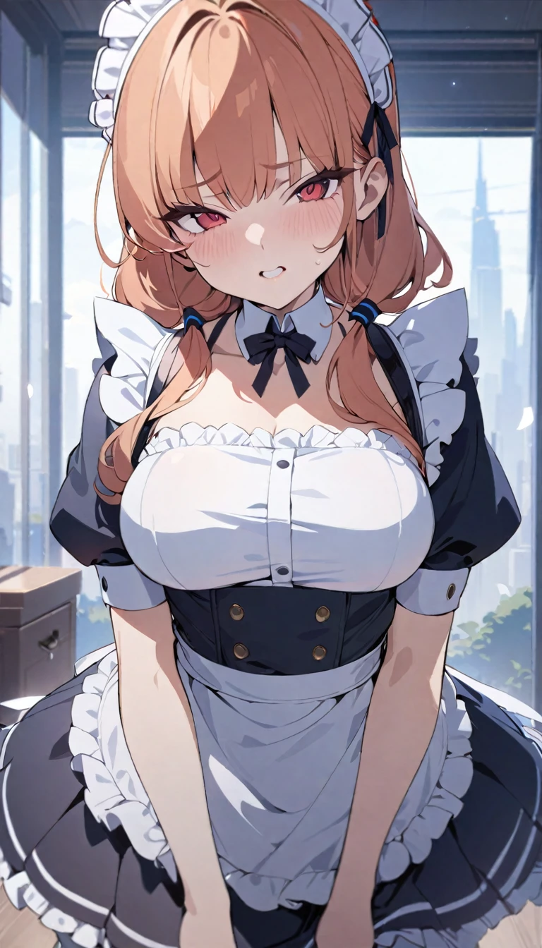 (best quality,4k,8K,High resolution,masterpiece:1.2),Extremely detailed, (1 Girl) Cute girl with red eyes, bodyguard maid, Drawn in anime style, Ginger's spiky hair tied into a long ponytail, Victorian fashion, Wearing a cute black puff-sleeved maid outfit, Corset, Tactical equipment, Light Armor, petticoat, sweet pants, Ruffled headband, Ruffled white apron, high-heel boots, ribbon, gun holster, Steampunk style, Girly smile, Female elegant posture, Waiting in the castle corridor, Extremely detailed eyes and face,Long eyelashes,Volumetric Lighting,movie lighting,Protective posture,Highly detailed textures,Intricate details.