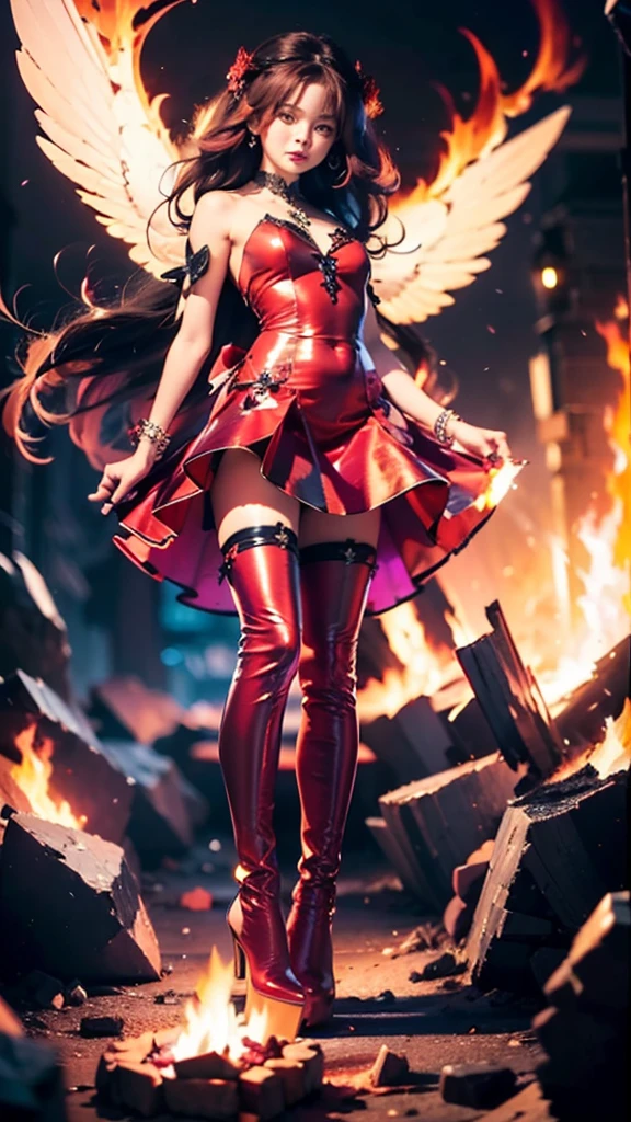 1girl, fire, wings, solo, dress, red_dress, high_heels, boots, embers, thighhighs, full_body, long_hair, black_hair, red_hair, jewelry, looking_at_viewer