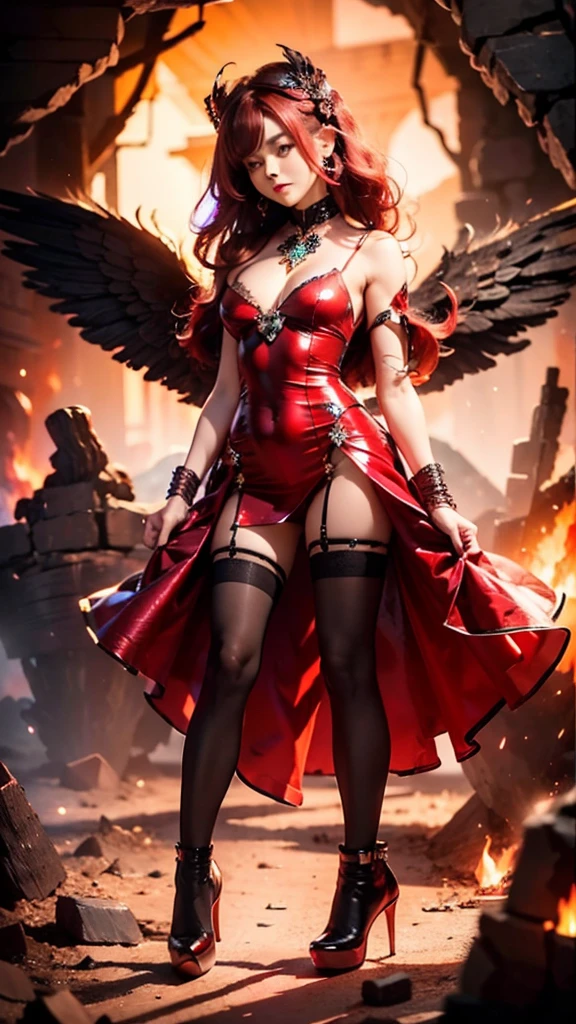 1girl, fire, wings, solo, dress, red_dress, high_heels, boots, embers, thighhighs, full_body, long_hair, black_hair, red_hair, jewelry, looking_at_viewer