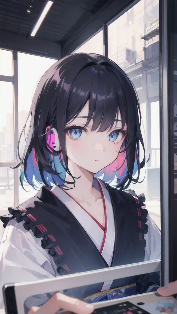 1 Girl, expressive hair, of the night city, Colorful eyes, Black Hair, earphone, Colorful eyes, reflected light, Japanese cartoons, Ray tracing, masterpiece, Super Detail, High Detail, high quality, The award-winning, best quality, 16K, Ultra HD