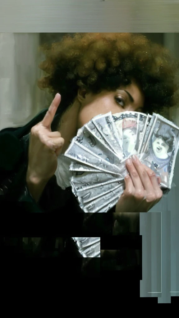 (best quality,4k,8k,highres,masterpiece:1.2),ultra-detailed,realistic,photorealistic:1.37, portrait, money fan covering her face, middle finger, curly afro