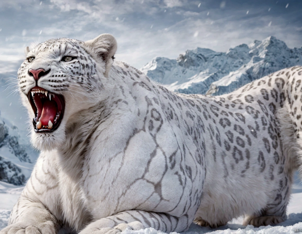 A giant white leopard, (((with 3 long fangs))), snow land, uhd, 12k, photography, Professional photo realistic nikon, masterpiece, ultra realistic, raw photo