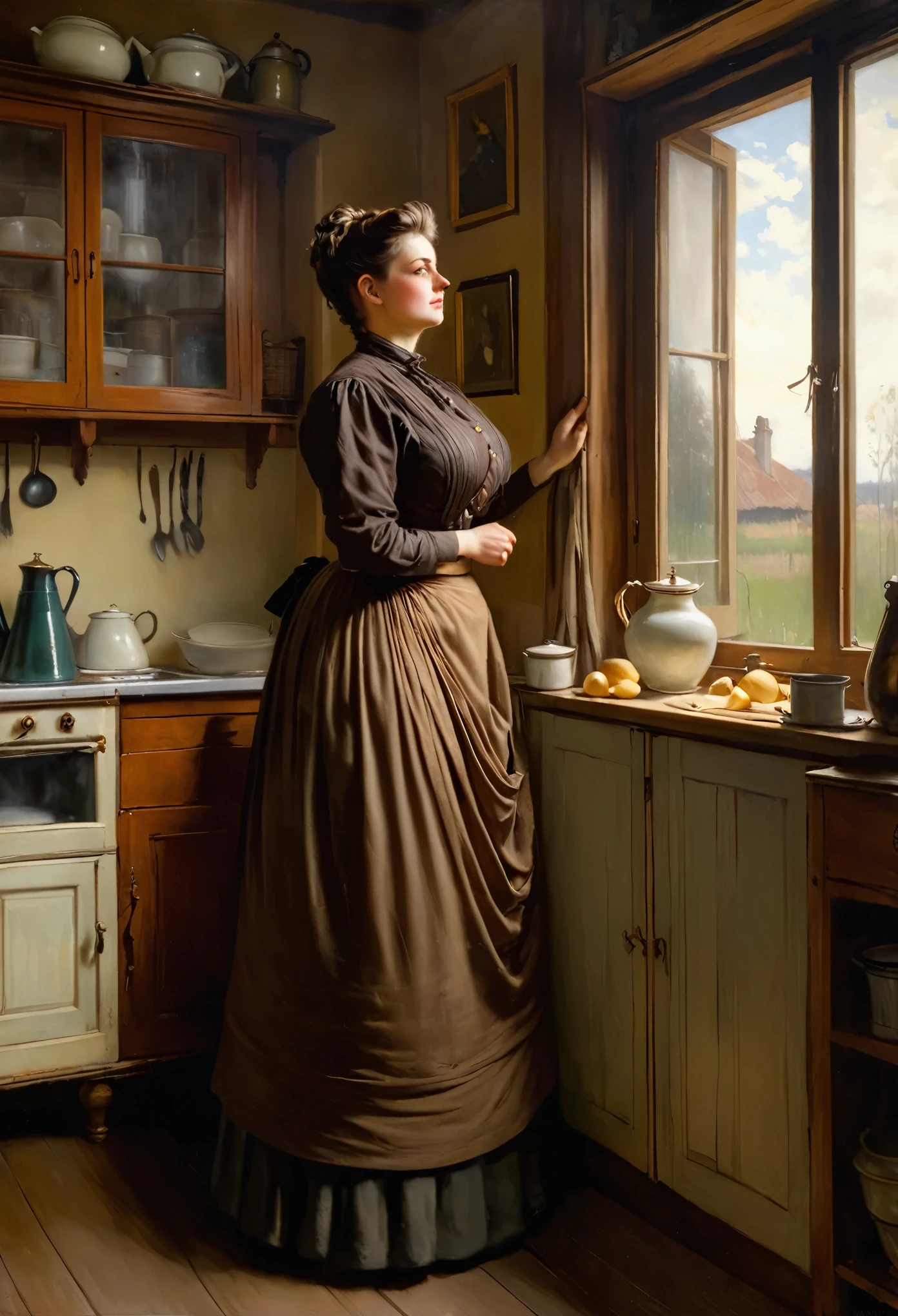  Full body shot  of A voluptuous buxom pretty 1880 western frontier farmwife widow standing in front of a window in her kitchen, updo hairstyle , brown hair, by Jean Béraud, inspired by Jean Béraud, inspired by Édouard Detaille, edouard leon cortes, inspired by Ivan Kramskoi, inspired by Jean-Louis-Ernest Meissonier, by Édouard Detaille, inspired by Paul Émile Chabas