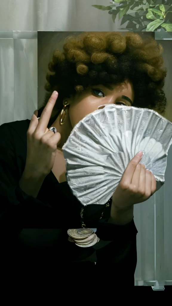 (best quality,4k,8k,highres,masterpiece:1.2),ultra-detailed,realistic,photorealistic:1.37, portrait, money fan covering her face, middle finger, curly afro
