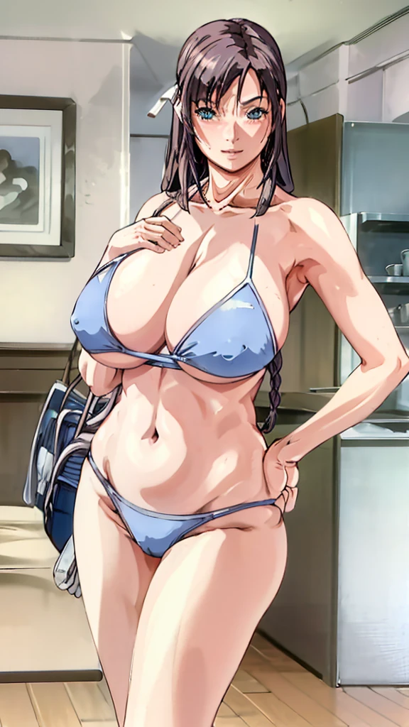 ((best quality)), ((masterpiece)), (detailed), perfect face,1girl , solo ,huge fat breasts , looking at viewer , blush , smile , bangs , blue eyes , blonde hair , twin braids , navel , standing , collarbone , thighs , sweat , huge breasts , blue sky , skindentation , beach , thick thighs , tight wet bikini , (huge hips) , ((cowboy shot)) , barefoot