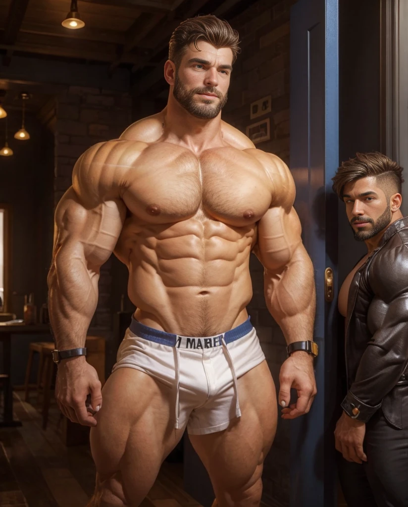 A handsome couple of mature old nigger dads with a massive beard and no shirt standing in front of a door,baldy haircut, very dark skinned, hyper muscular, pumped, roids, huge pecs, arms, biceps, shoulders, male focus, ((couple_pose)), centered, tan skin, bodybuilder, meticulous muscle definition, detailed face, big sexual energy, (2boys), (38 years old)